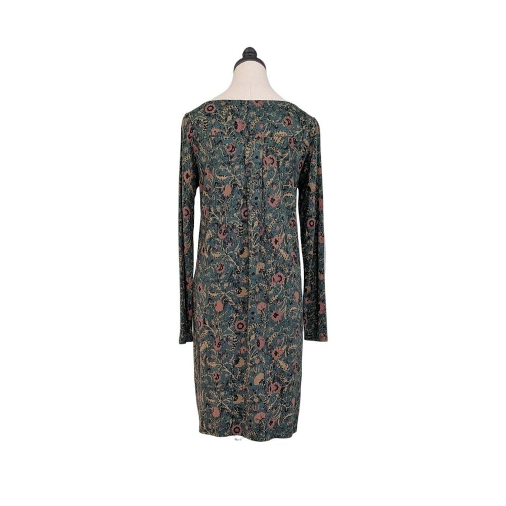 Peruvian Connection Mini Dress S Teal Green Long Sleeve Floral Shift Work Black - Picture 3 of 9